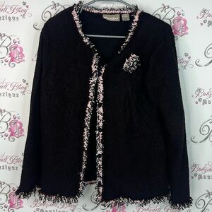 TanJay blazer tweed style pink white Black and Pink Knit Jacket with brooch